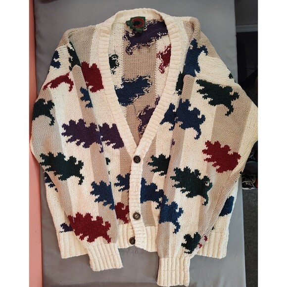 Women's Vintage Boston Trader's Knit Cardigan Leaf Pattern Stripes Cream XL - Picture 1 of 5